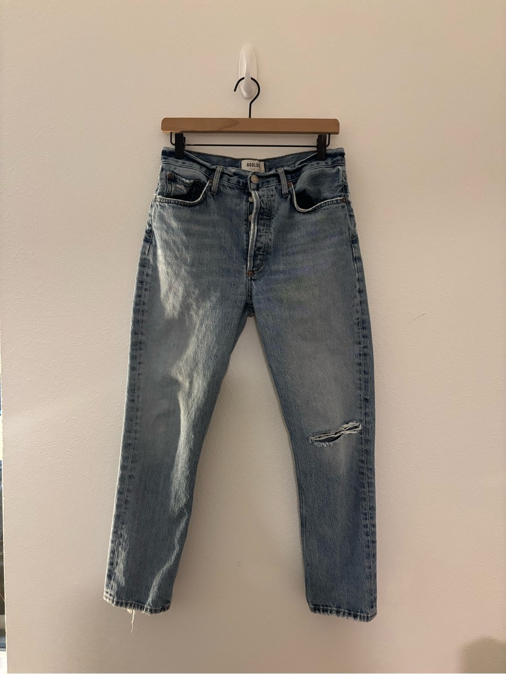 AGOLDE Riley high-rise straight leg jeans light wash distressed knee detailing - Picture 2 of 5